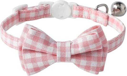 AIITLE Breakaway Cat Collar with Cute Bow Tie and Bell, Detachable Adjustable Safety Collars for Girl Cats and Boy Cats, Kittens, Puppy, Soft Stylish Plaid Patterns Cat Collars,Pink
