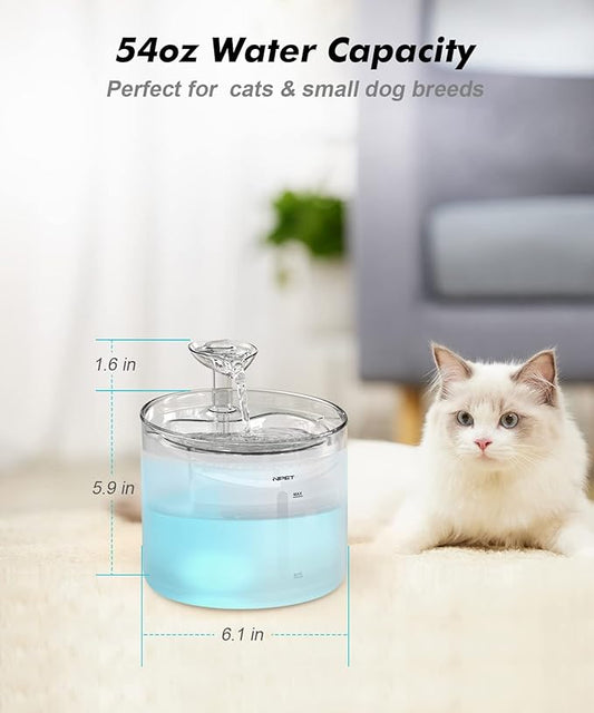 NPET WF100 Cat Fountain, 54oz/1.6L Automatic Pet Water Fountain Dog Water Dispenser with LED Light Quiet Pump for Cats & Small Dogs(Fountain+4 Filters +4 Sponges, White)