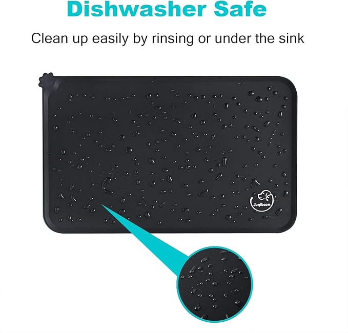 Silicone Waterproof Dog Cat Pet Feeding Mats, Non Slip, Easy Clean Pet Dog Cat Bowl Mats Placemat (24" x 16") Black