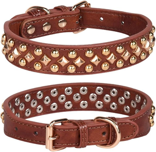 Spiked Dog Collar Soft Pu Leather Mushrooms Rivet Spike Studded Puppy Adjustable Pet Collars for Small Breeds (S, Brown3)