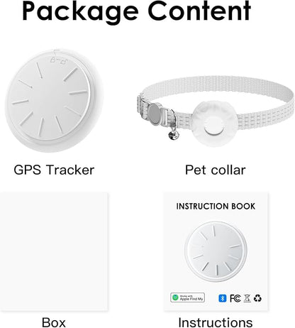 Cat Tracker, GPS Tracker Compatible with Apple Find My App(Only iOS), Waterproof Cat Tracker Collar with Bell and Safety Elastic Buckle, No Subscription, Territory & Location History (White)