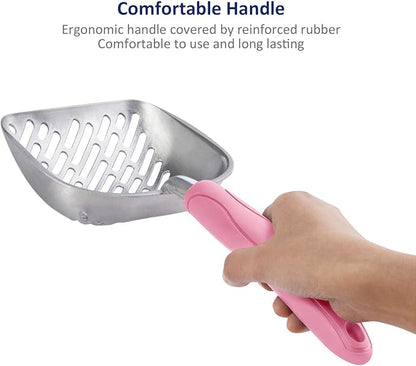 WePet Cat Litter Scoop, Aluminum Alloy Sifter, Kitty Metal Scooper, Deep Shovel with Diagonal Sifting Hole, Long Handle, Kitten Poop Lifter for Litter Box, Large Size, Pink Handle