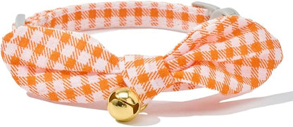 2 Pack Cotton Cat Collar, Removable Bowtie, Floral Pattern, Safety Breakaway Clasp, Adjustable for Cats.(Adult Cat, Orange Plaid and Floral)
