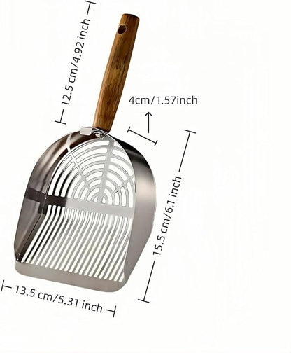 Premium Stainless Steel Cat Litter Scoop-Triple Guard Walls&Non-Stick Design,Silver,Flat Shovel Head Design Solid Deep Edge Wood Handle,Dual Hooks 1Pack,6.1x5.3inch (Silver long strip) (Silver)
