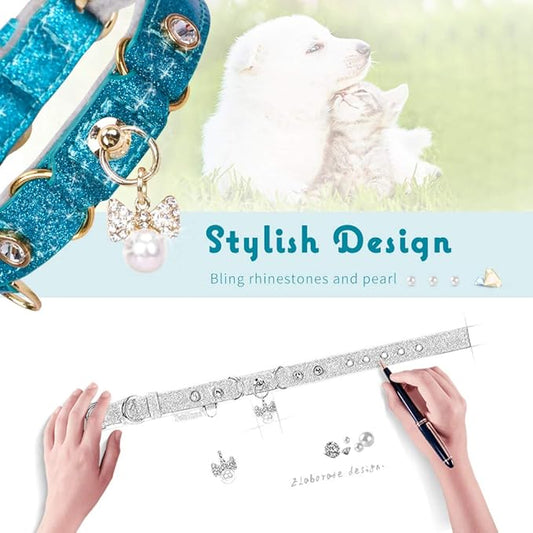 PetsHome Cat Collar, Dog Collar, [Bling Rhinestones] PU Leather Adjustable Pet Collar with Luxury Pendant for Big Cat and Small to Medium Dog Small Blue
