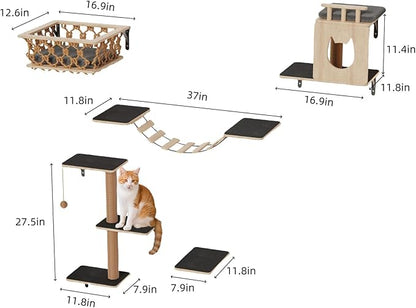 5-in-1 Cat Wall Shelves Set with Hammock, Wall-Mounted Cat Furniture Includes Condo, Bridge, Ladder & Steps for Indoor Cats, Safe & Stable (Gray)