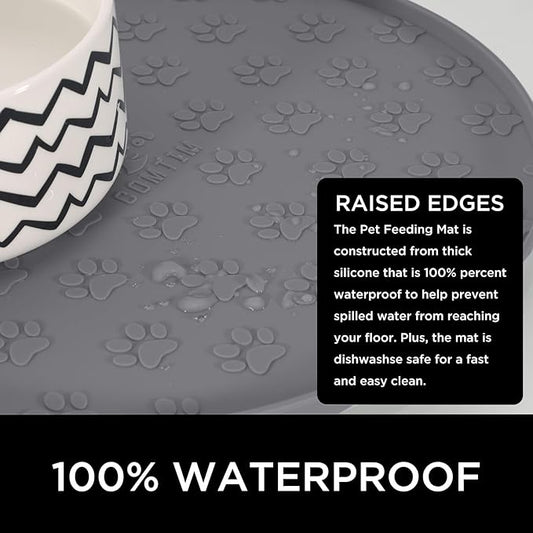 Comtim Waterproof Dog Food Mat - 2 Pack Silicone Pet Food Mat Dog Food Bowl Mats Cat Water Mats Eating Tray, Non-Slip Pet Placemat with Lip for Messy Drinkers to Protect Floor,Dark Grey 11"×11"