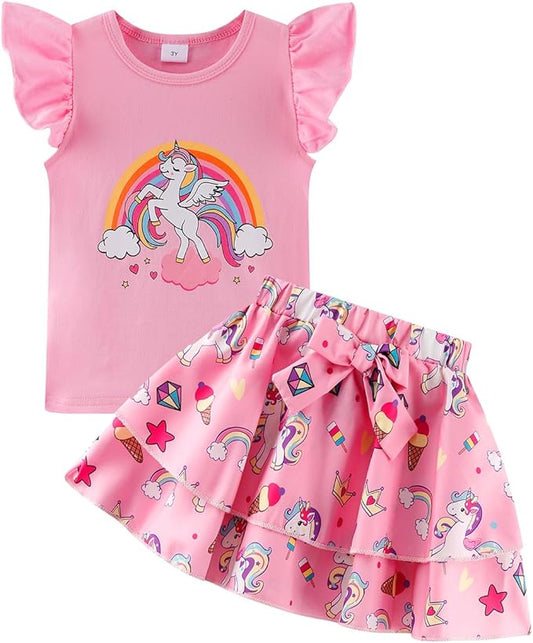 Girls Skirt Set 2 Piece Outfit Toddler Summer Clothes Ruffle Sleeve T-Shirt Bow Knot Tutu Skirt Outfit Set