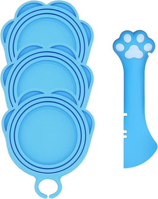 Cat Food Can Spoon & 3 Pcs Can Lids | Cute Paw Shape Covers & Opener for Wet Food | Universal BPA Free Silicone for Cats and Dogs Food(Blue)
