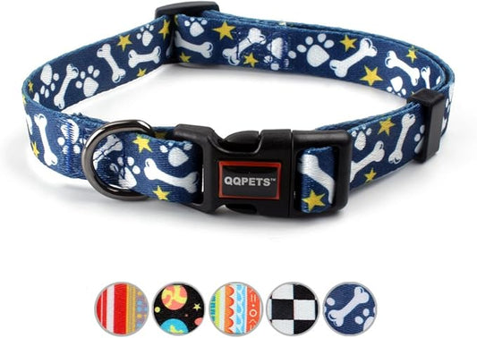 QQPETS Adjustable Soft Dog Collar: Print Flower Pink Multicolor Cute Patterns for XS Small Medium Large Pet Girl Boy Puppy Walking Running Training (XS, Bone)