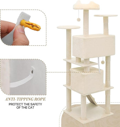 Athena Collection Cat Tree, 70 Inch Cat Tree Tower for Indoor Cats, Multi-Level Cat Tower House Activity Center with 2 Cat Condo & Scratching Post & Dangling Ball, Tall Cat Climbing Tower, Beige