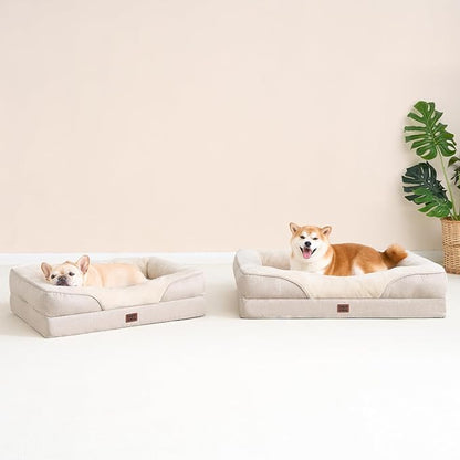 EHEYCIGA Orthopedic Dog Bed for Medium Dog, 35x22x6.5 Inch Memory Foam Dog Couch Bed with Sides, Waterproof Liner & Washable Removable Cover, Bolster Pet Sofa, Beige