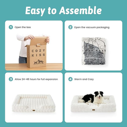 Self Warming Dog Bed for Large Size Dog, Faux Fur Orthopedic Puppy Sofa with Washable Removable Cover, Bolster Orthopedic Egg Crate Foam Bed for Pet Up to 100 lbs, XL 44x32x7 inch, Beige