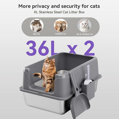 2 Pack Stainless Steel Litter Box, XL Enclosed Cat Litter Boxes, Metal Litter Pan with High Sides Odor Free Non Sticky Easy Cleaning, Grey