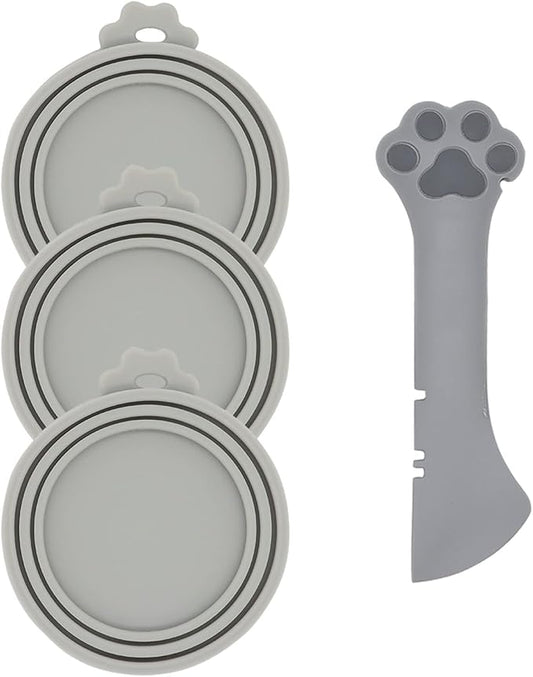 Pet Food Can Spoon & 3 Pcs Can Covers | Cute Paw Shape Opener Spatula Cat Wet Food Spoon | Universal BPA Free Silicone Lids for Dog Cat Cans(Grey)