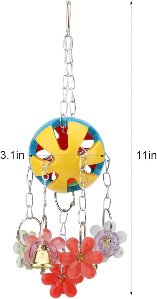 Hypeety Pet Parrot Toy Plastic Colorful Birds Ball with 1 Bell for Budgie African Grey Cockatoo Cockatiel Sun Conures 1 Ball with Plastic Flowers
