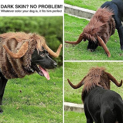 Halloween Dog Horn Wig Soft Bull Dog Costumes Winter Warm Hat Dog Wig Clothes Pet Funny Ox Hat Dog Cat Horn Headgear Accessories Cosplay Bull Mane for Medium to Large Dogs Outfit (Large) - Image 2