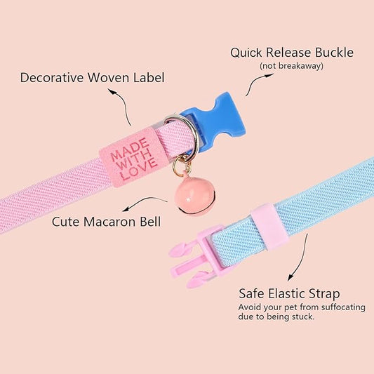 Elastic Cat Collar 2 Pack of Safety Quick Release Cat Collars with Bell Anti-Suffocation Kitten Puppy Collars(Pink+Blue)
