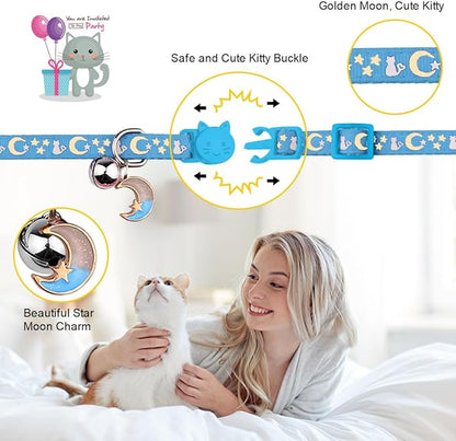 2PCS Breakaway Cat Collars with Bell Cute Kitty Glow in The Dark Adjustable Kitten Collars 7.9-13.0 Inch(Sky Blue&Black)