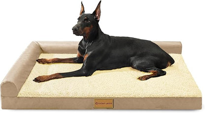 Patas Lague Orthopedic XL Dog Bed Large Sized Dog 42''X28'', Waterproof L Bolster Big Large Pet Sofa Beds with Removable Washable Cover, Soft Comfortable Pet Couch Crate Mat with Nonskid Bottom, Cream