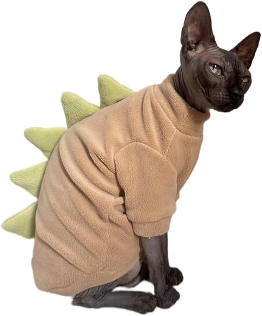 Dinosaur Sphynx Cat Clothes, Soft Polar Fleece Sweater for Cat, Elastic Pet Clothes Thick Winter Warm Outfit for Hairless Cat, Devon, Cornish, Small Dogs Apparel with Sleeves (Khaki, X-Large)