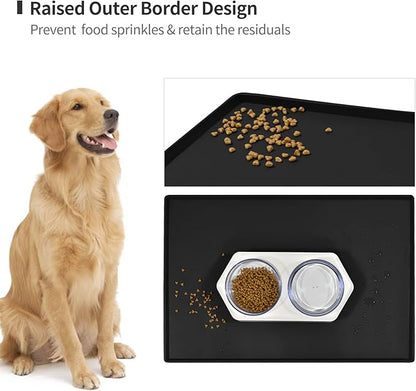 Dog Food Mat,Silicone Waterproof Food Tray,Non Slip Pet Bowl Mats Placemat,0.6" Raised Edge,Suitable for Most Small and Medium Sized Pets,24" x 16"