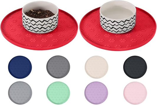 Comtim Waterproof Dog Food Mat - 2 Pack Silicone Pet Food Mat Dog Food Bowl Mats Cat Water Mats Eating Tray, Non-Slip Pet Placemat with Lip for Messy Drinkers to Protect Floor, Red 11"×11"