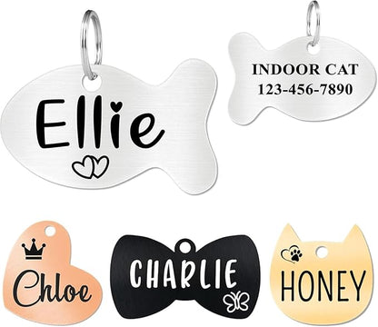 Ultra Joys Cat ID Tag Personalized Pet Tags, Durable Stainless Steel Small Pet Mini Dog Cat Tag Lightweight - Fish Tag in Silver