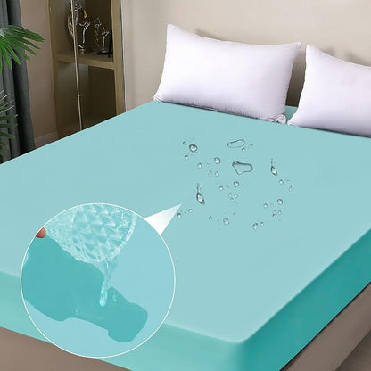 Waterproof Mattress Protector Full, Fitted Sheet Style Breathable Cooling Mattress Cover with Deep Pocket Fits Up to 18'', Noiseless Bed Cover for Kids Adults Pets, Machine Washable(Cyan, 54'' X 76'')
