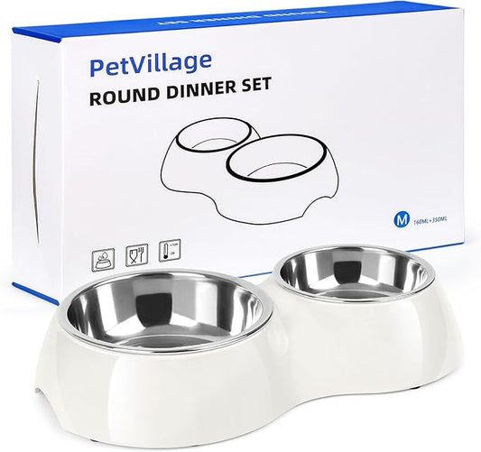 Double Dog Bowls Set – Non-Slip Pet Food & Water Dishes with Resin Stand, Includes Small (1 Cup) & Medium (2 Cups) Bowls – Ideal for Puppies and Cats – White