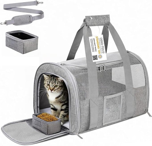 Airline Approved Cat Carrier, Soft-Sided Pet Travel Carrier for Cats and Small Dogs up to 15lbs, TSA Approved Under Seat Carrier with Collapsible Bowl, Grey