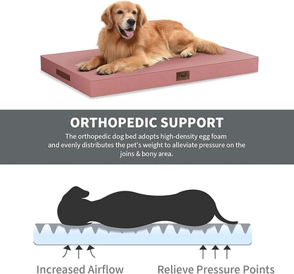 Outdoor Dog Bed for Medium Dogs, Waterproof Dog Crate Mat Orthopedic Egg Crate Foam Pet Bed with Washable Removable Oxford Cover, Pink