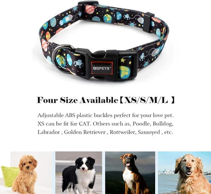 QQPETS Adjustable Soft Dog Collar: Print Flower Pink Multicolor Cute Patterns for XS Small Medium Large Pet Girl Boy Puppy Walking Running Training (L, Space)