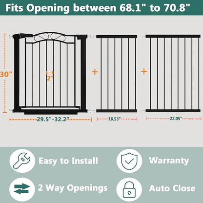Fairy Baby 68.2"-70.8" Extra Wide Baby Gate with Door, 69 70 Inches Walk THR Baby Gates for Stairs Pressure Mounted no Drill, Indoor Tension Metal Child Pet Dog Safety Gate for Kids, Black