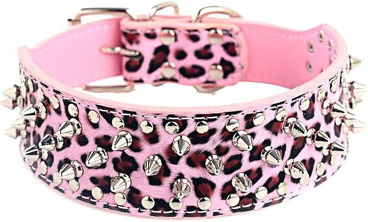 Serijoars Spiked Studded Dog Collar, PU Leather Dog Collar, Adjustable Pet Collars for Medium or Large Breed Pet (S, Leopard)