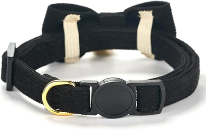 Soft Corduroy Cat Collar, Plaid Pattern, with Bell and Bowtie, Quick Release,Safety Breakaway Clasp, Adjustable for Kitten and Cats.(Black+Brown)