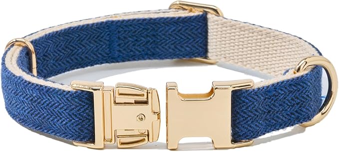 Soft Cotton Hemp Dog Collar with Metal Buckle Adjustable Tweed Dog Collars for Small Medium Large Dogs(Royal Blue,Large)