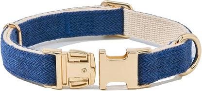 Soft Cotton Hemp Dog Collar with Metal Buckle Adjustable Tweed Dog Collars for Small Medium Large Dogs(Royal Blue,Large)
