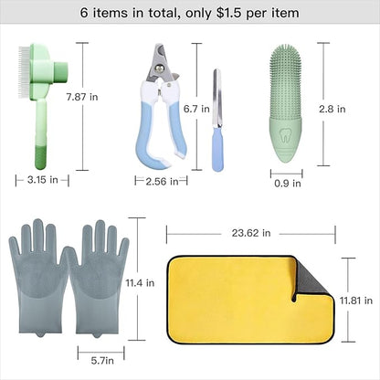 Cat&Dog Grooming Kit-6PCS for Cat Flea Comb, Dog Brush For Shedding,Pet Nail Clippers For Dogs,Pet Grooming Gloves, Dog Finger Toothbrush & Dog Bath Towel- Perfect Cat Grooming Supplies