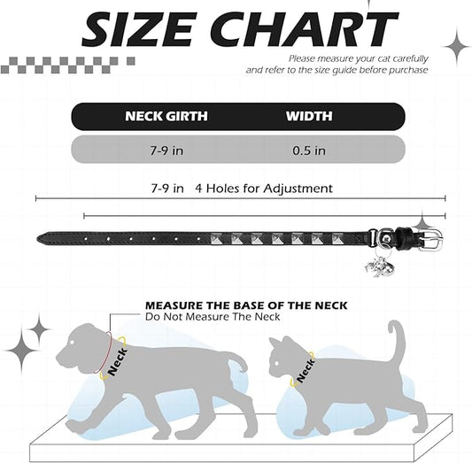 EXPAWLORER Leather Cat Collar - Adjustable Pet Collar with Rivet Spike for Girl Boy Cats, Punk Accessories with Bell & Durable D-Ring,Silver Square Nails, S