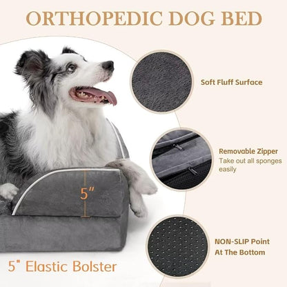 Comfort Expression Orthopedic Dog Bed for Extra Large Dogs 45x35 Inch, Waterproof Supportive Memory Foam XL Pet Bed with Removable Bolster, Dog Couch with Washable Cover & Non-Slip Bottom, Leaden Grey