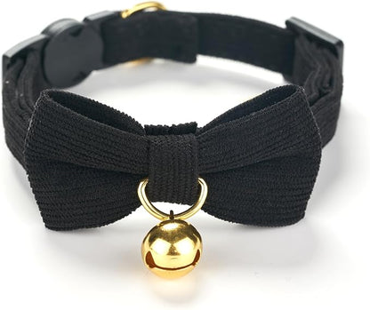 Soft Corduroy Cat Collar with Bell and Bowtie, Safety Breakaway Clasp, Adjustable for Kitten and Cats Black Color.