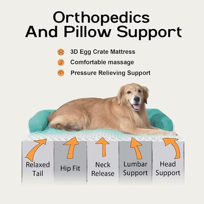 Orthopedic Washable Large Dog Bed, Dog Beds with Removable Cover, Large X XL Pet with Bolster, Washable Aqua Blue Sofa with Orthopedic Egg Foam for Medium Large Dogs