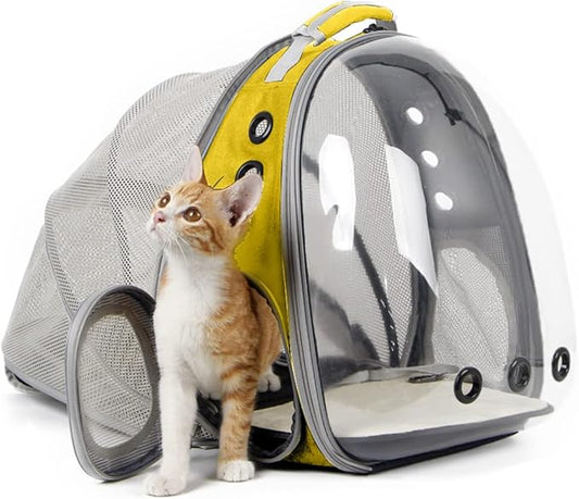 Expandable Cat Backpack Carrier, Fit up to 12 lbs, Space Capsule Astronaut Bubble Window Pet Backpack for Kitten, Bunny, Rabbit and Small Puppy Yellow