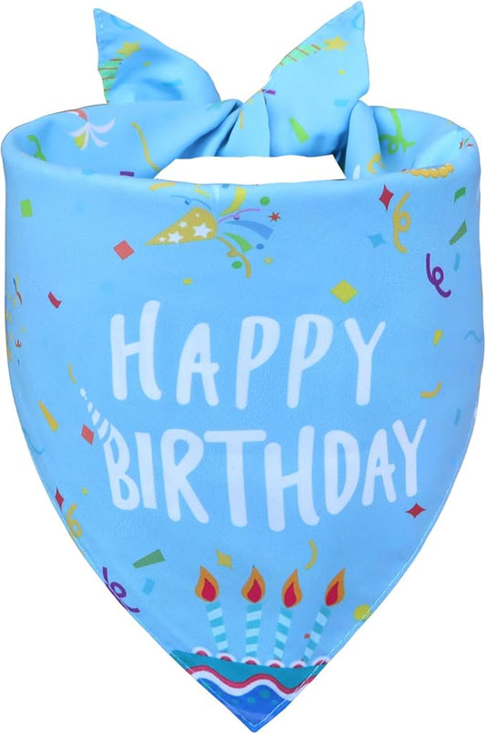 Dog Birthday Bandana Boy for Medium Large Dogs, Reversible 2 Patterns in 1, Blue Confetti Scarf, Happy Birthday Party Outfit Puppy Gift (14-18" Neck)