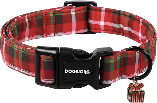 DOGWONG Christmas Plaid Dog Collar, Cute Adjustable Red Collar for Boy and Girl Dogs, Dog Collar with Strong Plastic Buckle for Small Medium Large Dogs,S