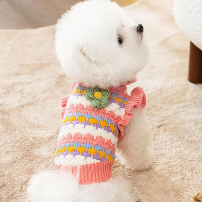 Small Dog Sweater, Knitted Tulip Cat Sweater, Warm Thick Holiday Puppy Clothes for Small Dog Girl,Cold Weather Outfit for Kitten Chihuahua Yorkie Teacup Dachshund Pug (Pink, X-Small)