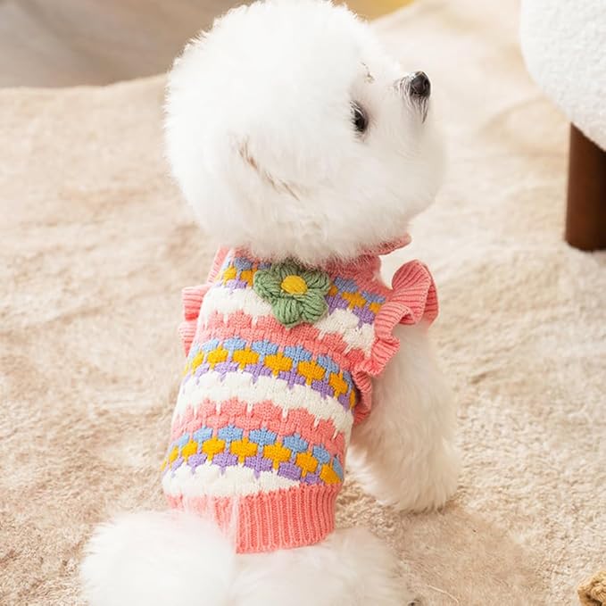 Small Dog Sweater, Knitted Tulip Cat Sweater, Warm Thick Holiday Puppy Clothes for Small Dog Girl,Cold Weather Outfit for Kitten Chihuahua Yorkie Teacup Dachshund Pug (Pink, Medium)