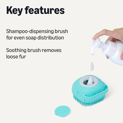 Amazon Basics Dog Bath Brush with Shampoo Dispenser and Fast Dry Towel, Blue and Orange, 3-Pack