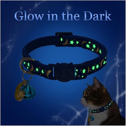KOOLTAIL Cat Collar Breakaway with Bells - 6 Pack Glow in The Dark - Stars & Moon Charm Pendent Pet Reflective Collars Ideal for Kitten Cats Puppy
